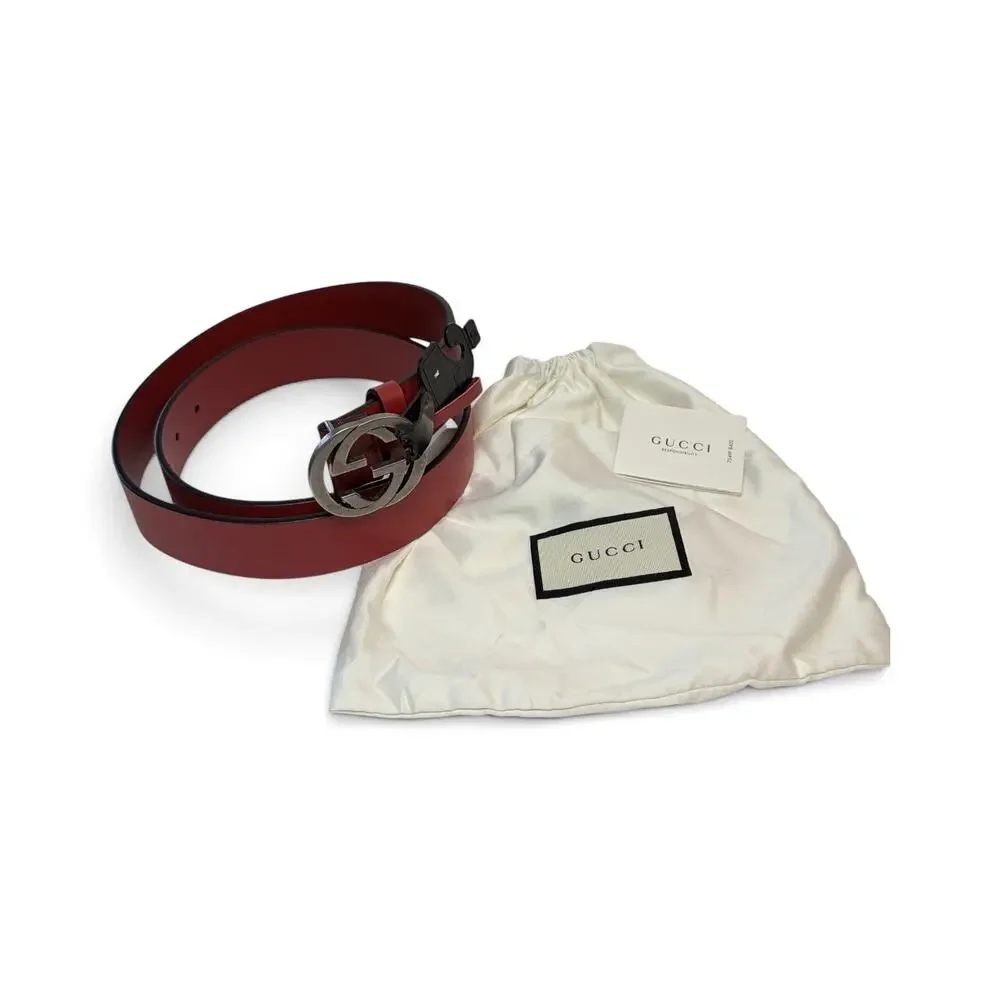 Gucci Interlocking G Red Leather Belt Silver Buckle Size 95/38 NWT Authentic